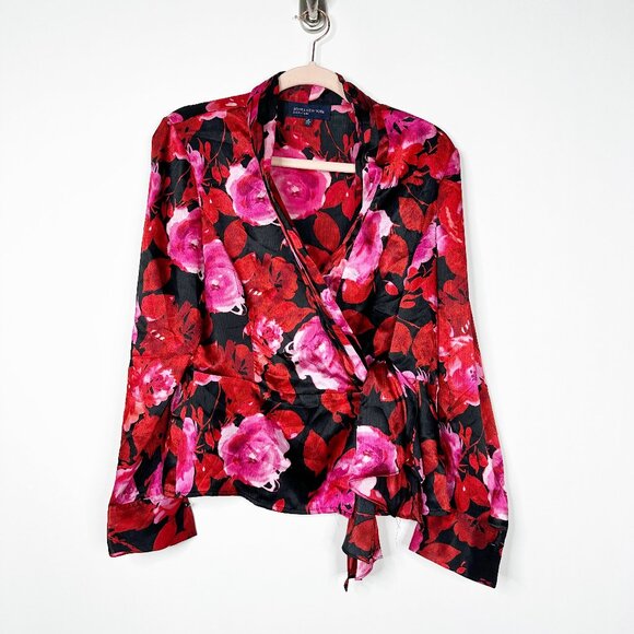 2/$24 Jones New York Signature Floral Wrap Top Red Pink Medium #A0284 TRB2 - Picture 3 of 7